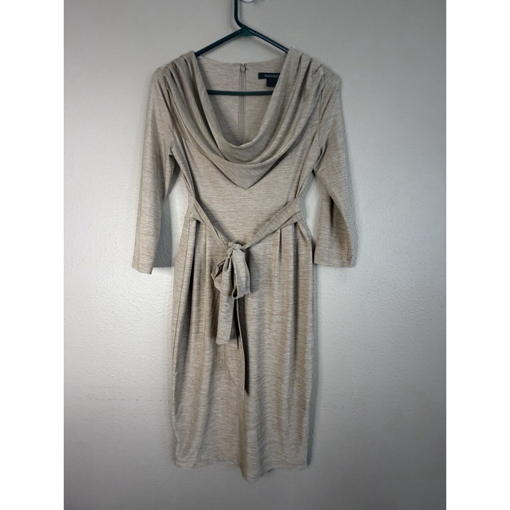 Ellen Tracy Cowl Neck Draped Midi Dress Space Dye Beige Stretch Size 6 Tie Waist